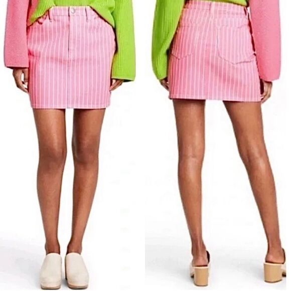 Victor Glemaud x Target Pink Pin Striped Denim Mini Jean Skirt Size 10 New - Picture 1 of 16
